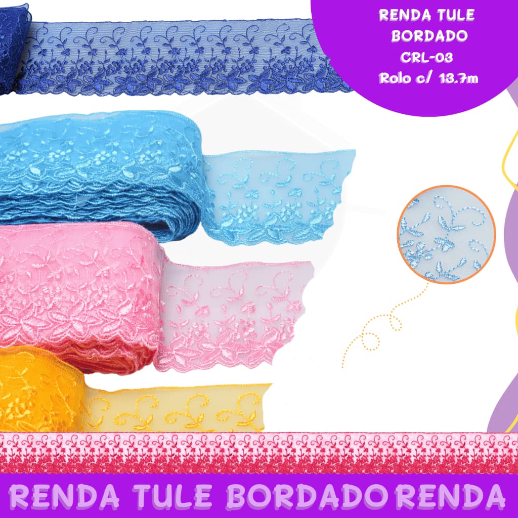 Renda Tule Bordado De Organza CRL-03 - TAM : 80 mm - Rolo C/ 13,7 Metros