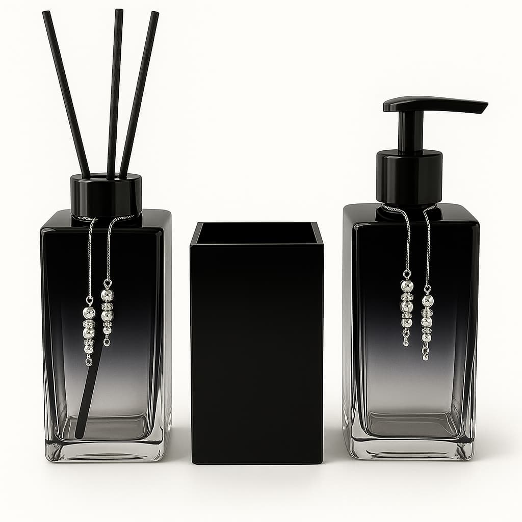 Kit Banheiro  Lavabo Sabonete Liquido Difusor Aromatizante e Porta Escova de Vidro Luxo Squere