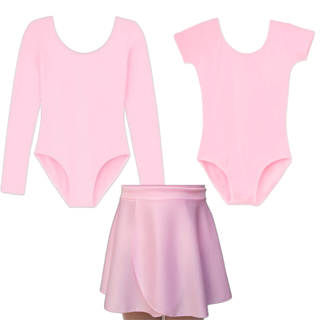 Kit Ballet Infantil Rosa Com 3 Peças: Collant Manga Longa + Collant Meia Manga + Saia Transpassada - Para Bailarinas