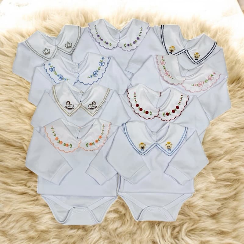 Body Bebê Manga Longa com Gola Bordada Luxo – RN ao P, Sofisticado e Elegante