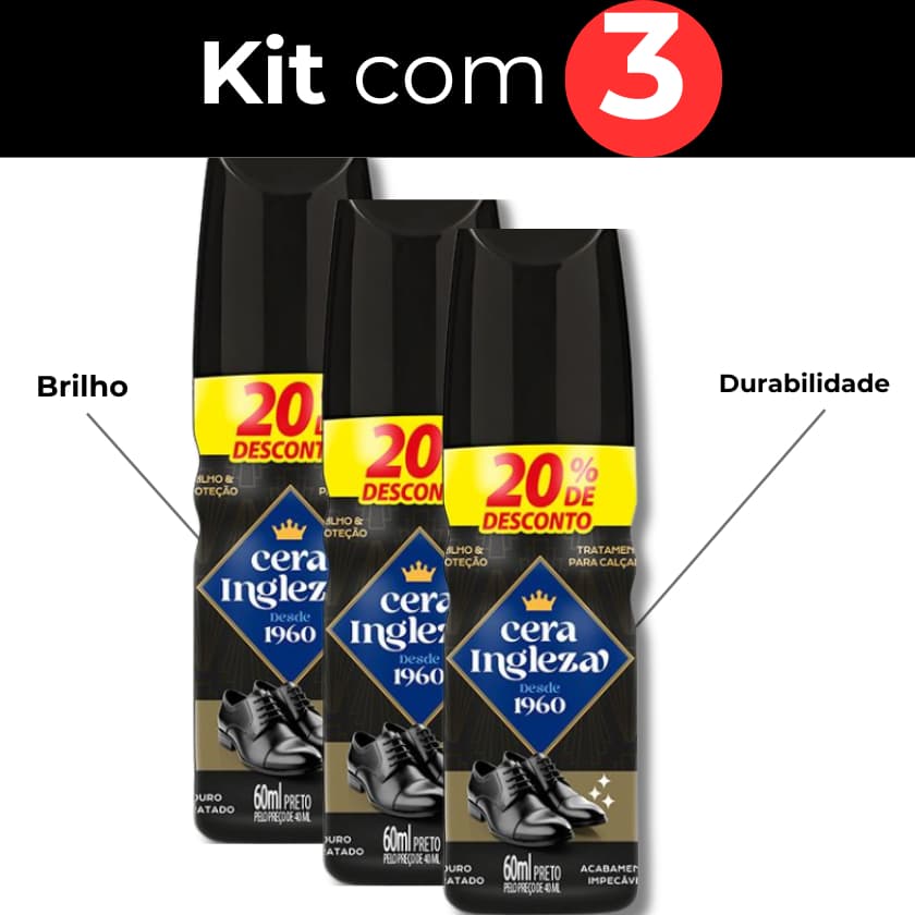 Kit 3 Cera Ingleza para Calçados Botinas Botas Sapatos Polidor e Graxa proteção Brilho Preto 60ml