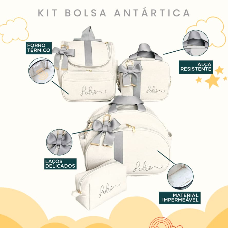 Kit Maternidade 4 Peças Bolsa, Mochila, Bolsa M e Estojo Personalizado Térmica Impermeável, Coleção Antártica