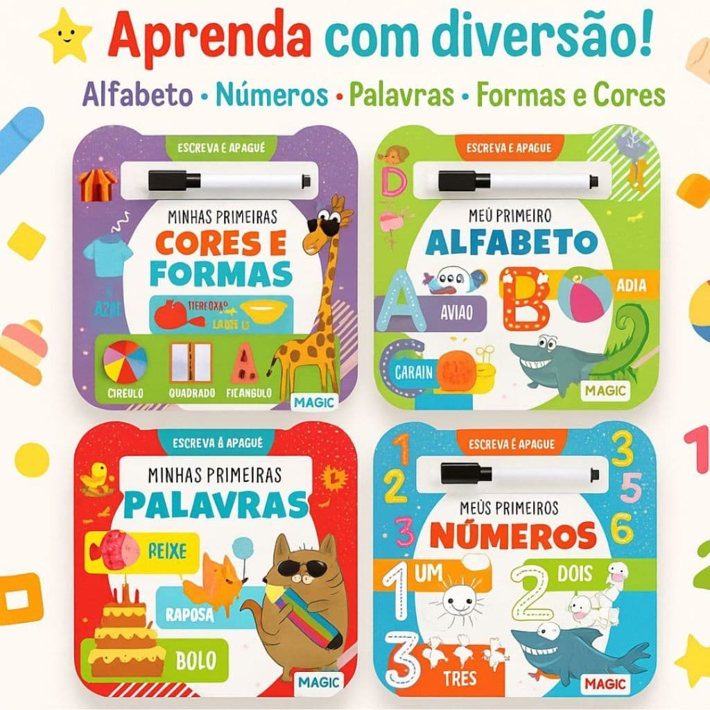 Kit 1/4 Livro de Atividade Caligrafia Letra Cursiva Infantil Com Caneta Mágica Escreva E Apague