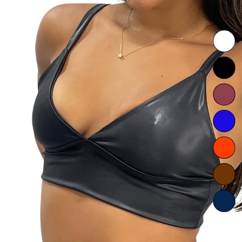 Top Cropped Feminino Tipo Couro Alça Fina Decotado Duplo Sem Bojo Cirrê Premium Carioca