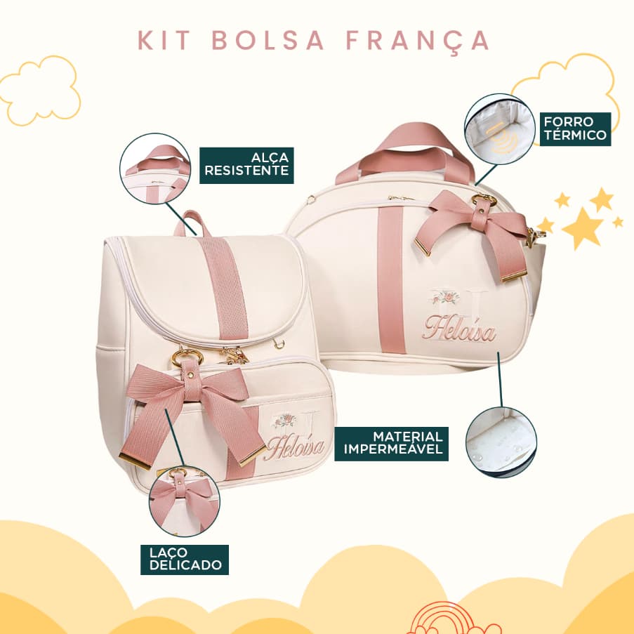 Kit Maternidade 2 Peças Bolsa e Mochila Personalizado Térmica Impermeável, Coleção França