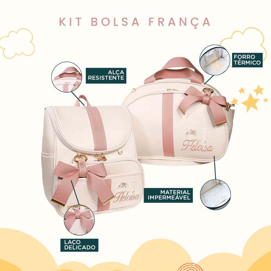 Kit 2 Peças Maternidade Bolsa e Mochila Personalizada, Térmica e Impermeável, Coleção França