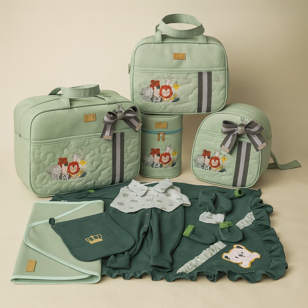 Kit bolsas de bebê saída maternidade enxoval completo safari bordado laço verde bebê impermeável térmica reforçada
