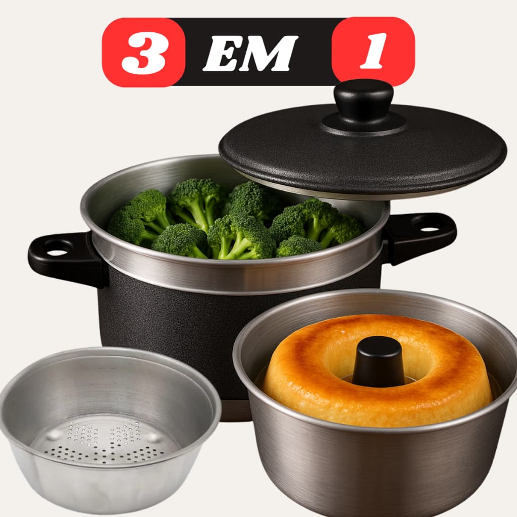 Kit Panela 3 Em 1 com Forma Alumínio Multiuso Pudim Legumes A Vapor Banho Maria e Cozimento