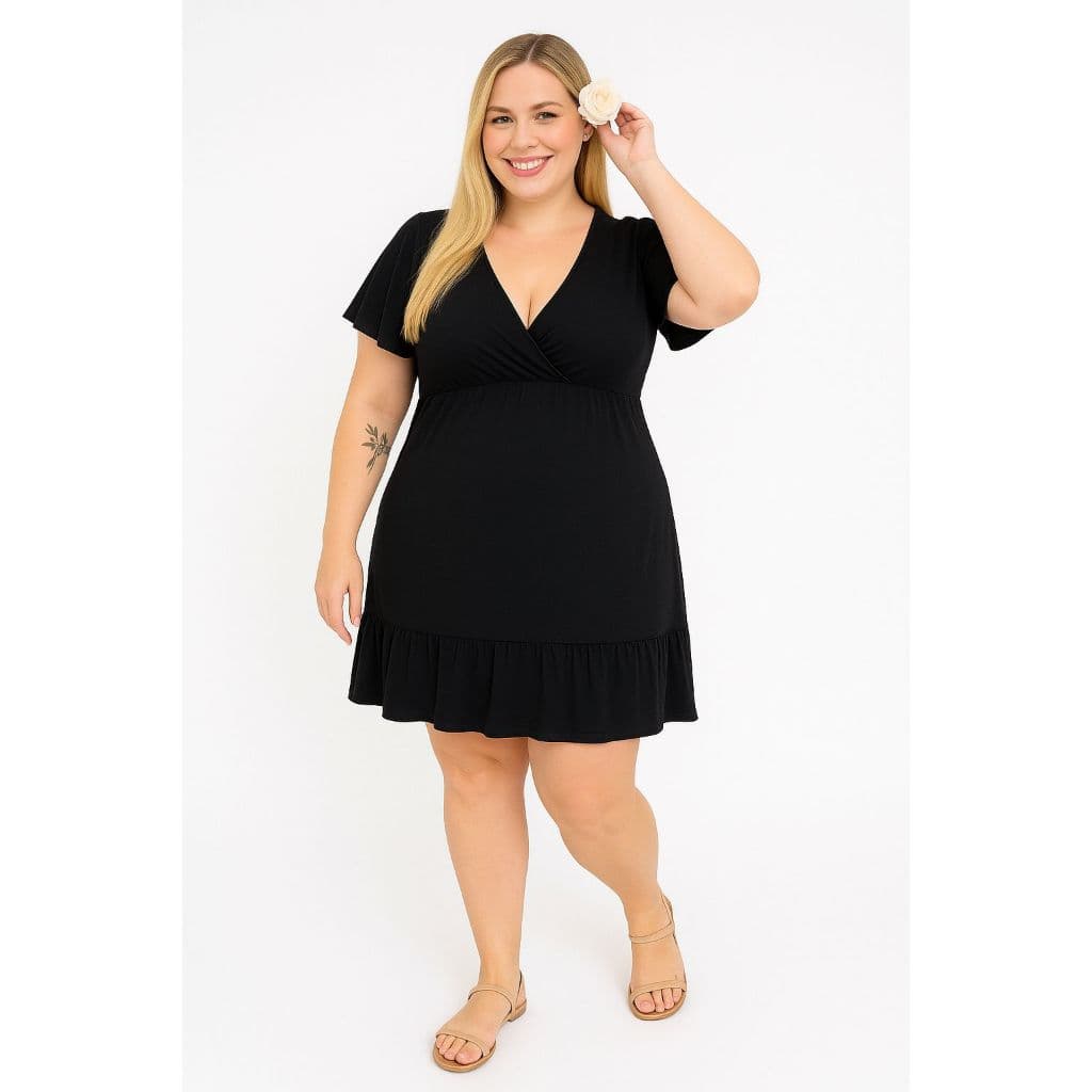 Vestido Transpassado Preto Amamentação Manga Ampla com babado na barra