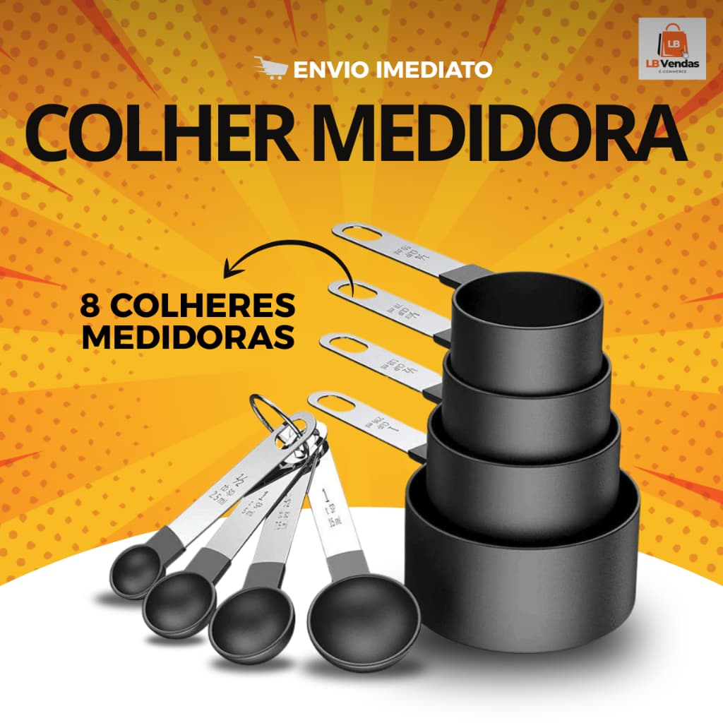 Conjunto Jogo Colher Medidora Xícara Culinário 8 Peças Kit Medidor de Cozinha Receitas - Preta Inox