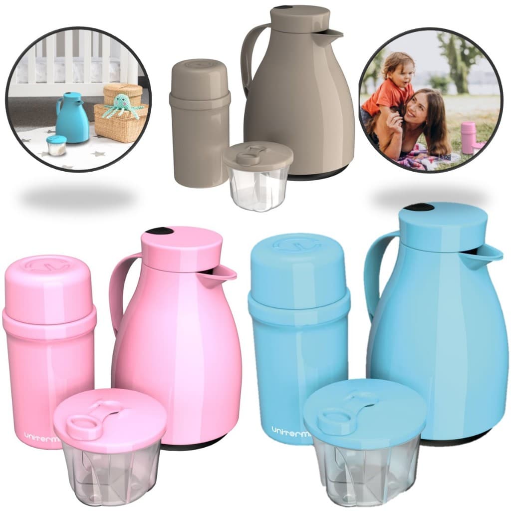 Kit Unibaby Conjunto De Garrafas Térmicas Quente E Frio + Pote Dosador Para Leite Em Pó Unitermi