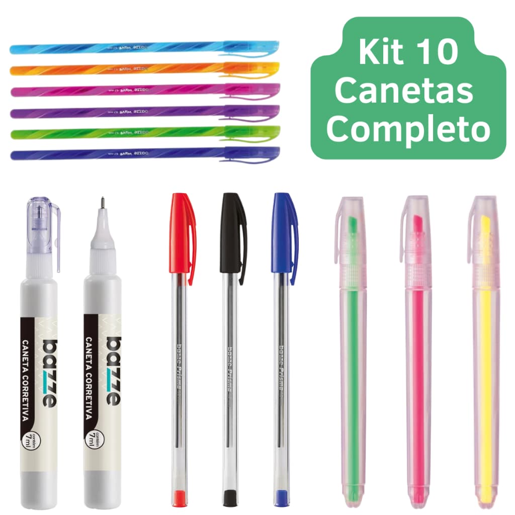 Kit 10 Canetas Coloridas Esferografica Marca Texto Caneta Corretiva Fine Line Ponta Fina