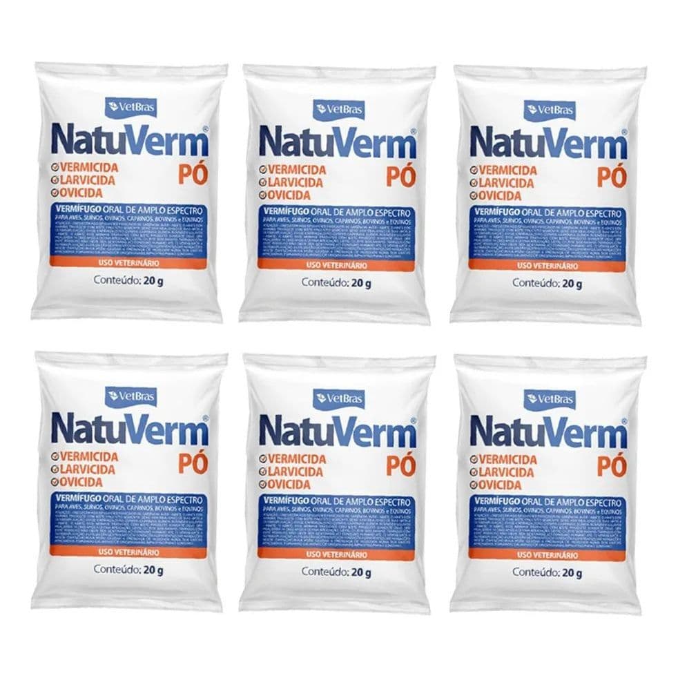 Kit 06 Vermífugo Oral Natuverm Pó Vetbras Para Aves,Suinos,Bovinos,Ovinos 20g