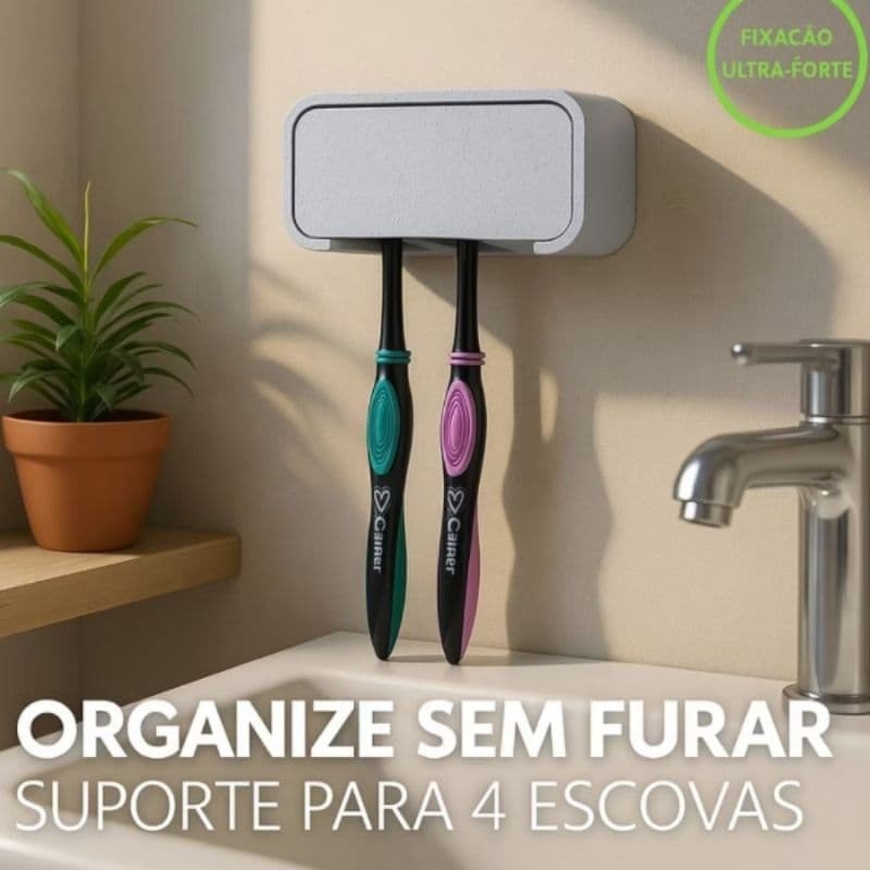 Porta Escovas de Dente Parede – Fixação Sem Furo – Suporte Para 4 Escovas + Fita Dupla Face Forte