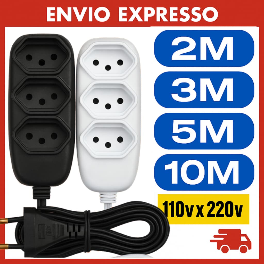 Extensão elétrica 2, 3, 5 e 10 Metros Tomadas Compacta Vários Tamanhos
