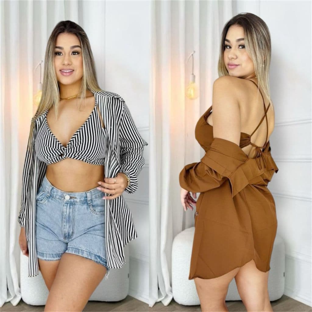 Conjunto kimono Liso e listrado com cropped elegante Manga longa ,Festa look perfeito