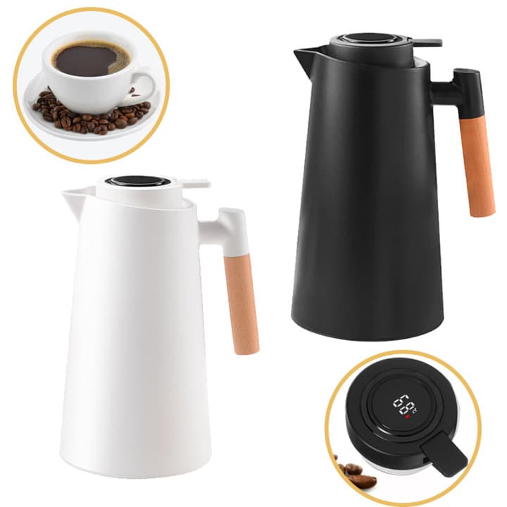 Garrafa Térmica de água / Café 1 Litro Com Termômetro Led Para Chás / Café Design Moderno Cabo Madeira