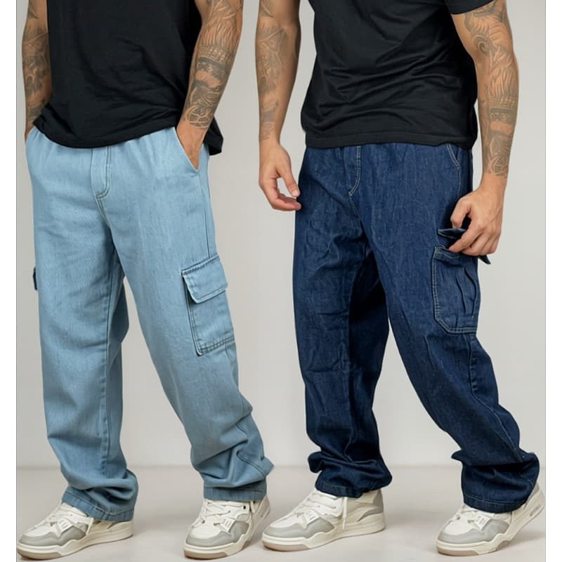 Kit 2 Calça Cargo Jeans Premium Larga Streer Over