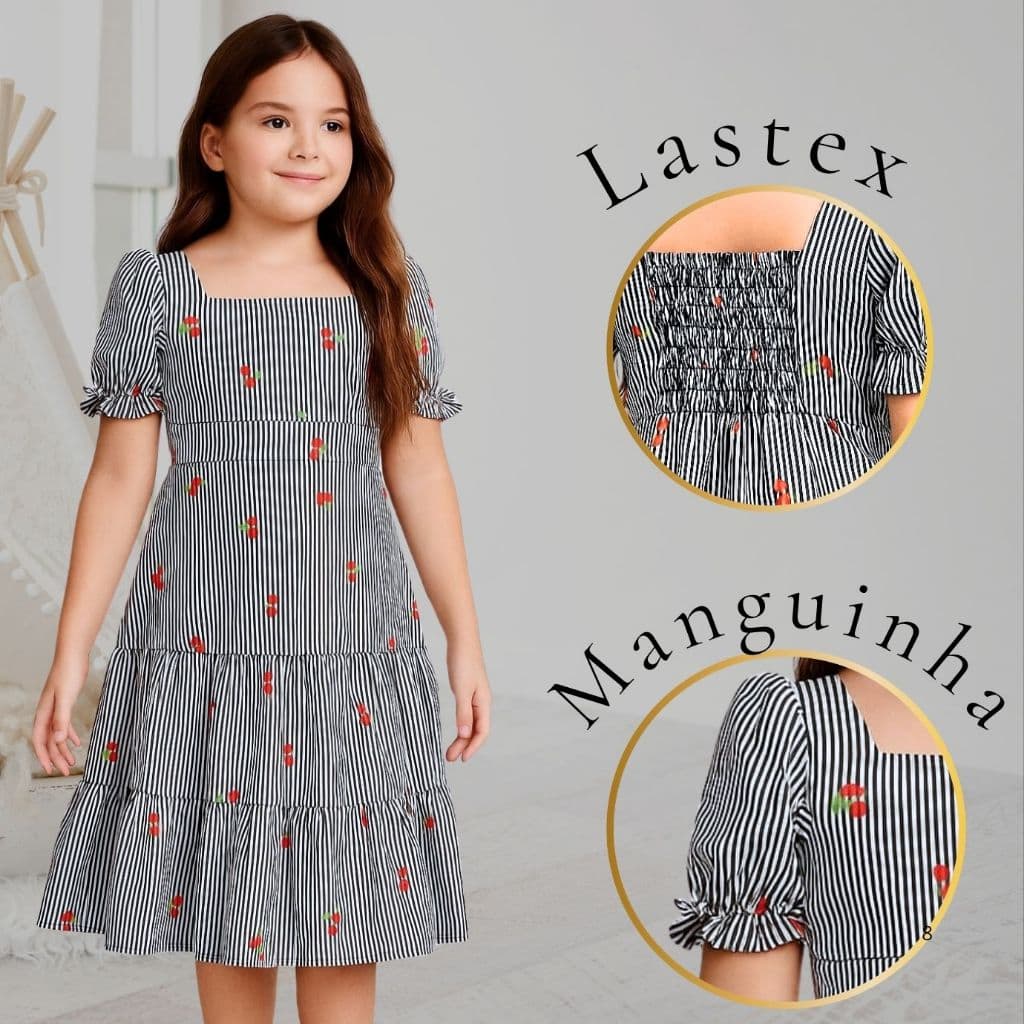 Vestido juvenil  Curto Listrado infantil menina com mangas gola quadrada (2 aos 16 anos)