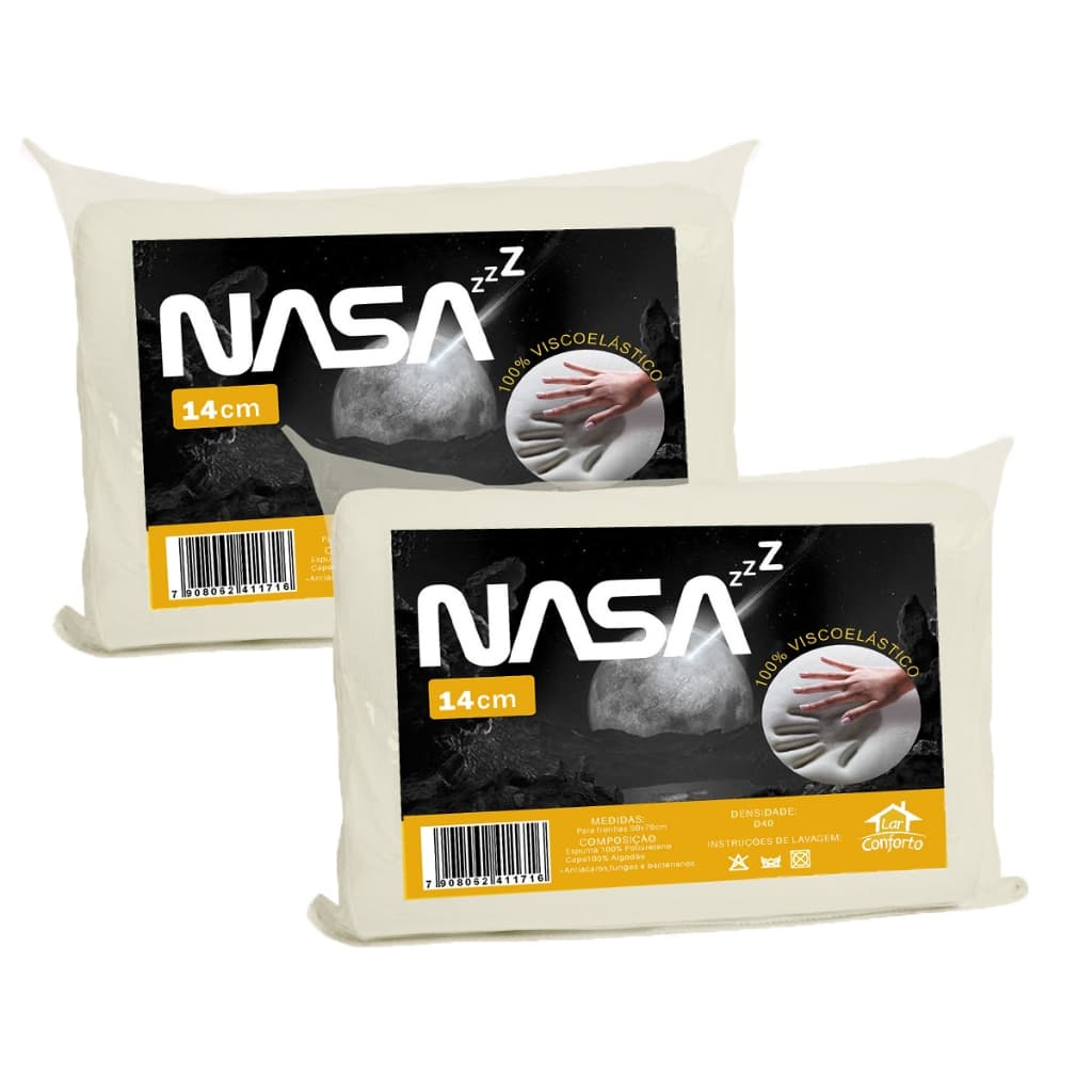 Kit 2 Travesseiro Nasa Capa Com Zíper Zz 14cm Altura Espuma Nasa Antifungos - Lar Conforto