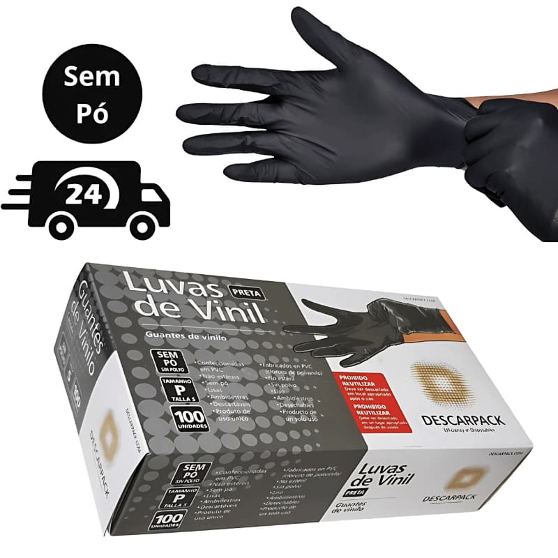 Luva Vinil Preta Descartável Sem Pó Resistente 100 Unidades