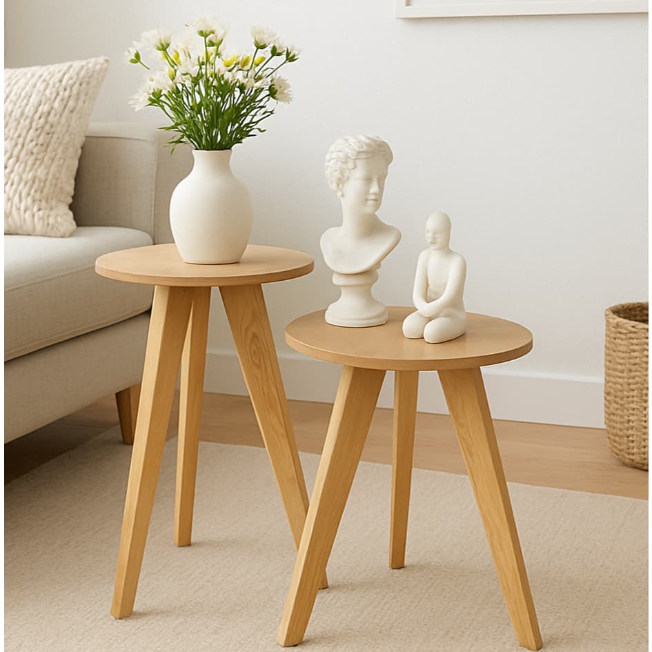 Jogo De Mesinhas Lateral Redonda Sala Pe Palito Retro Madeira Maciça