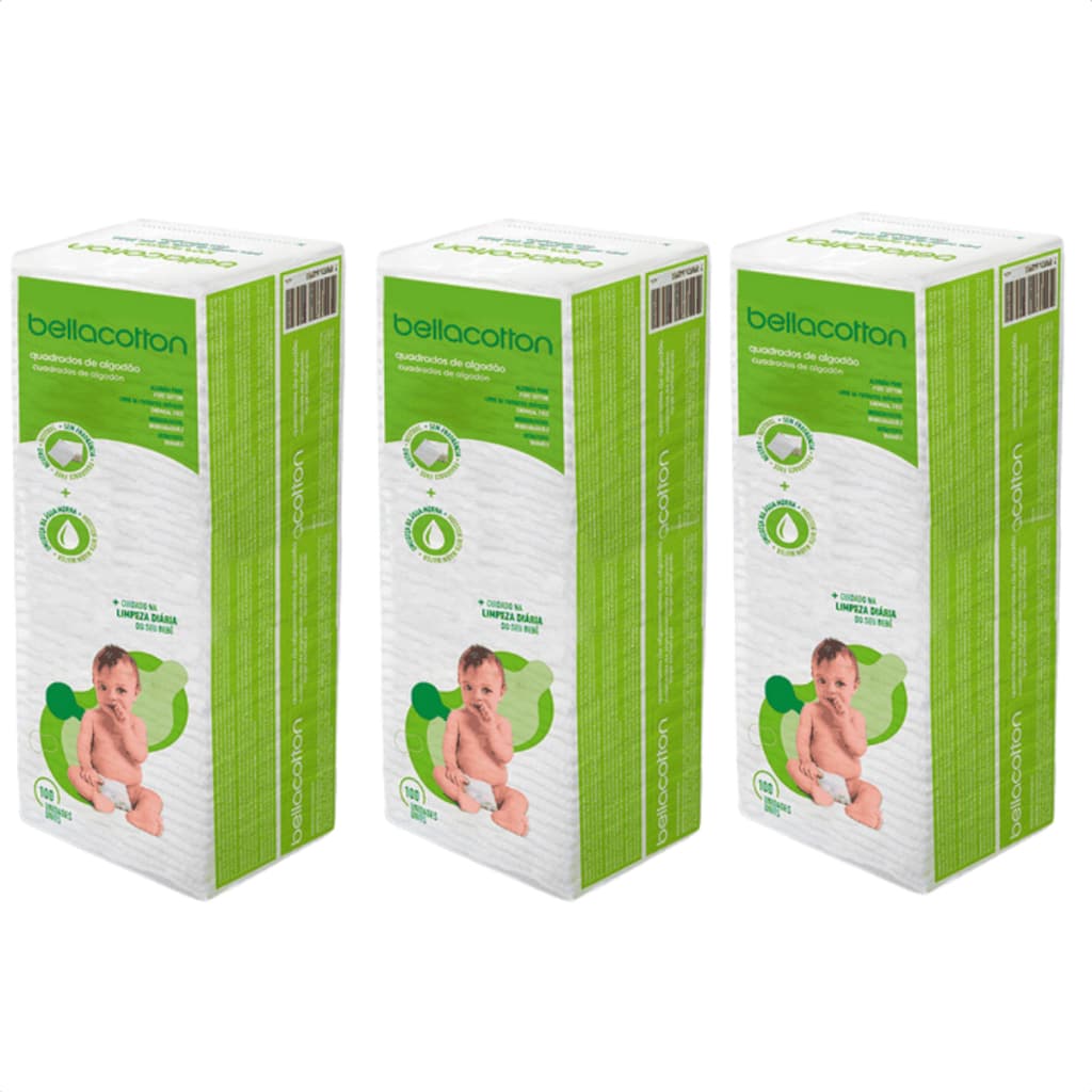 Kit 3 Algodão Quadrado Baby Sem Fragrância 300 Unidades Bellacotton