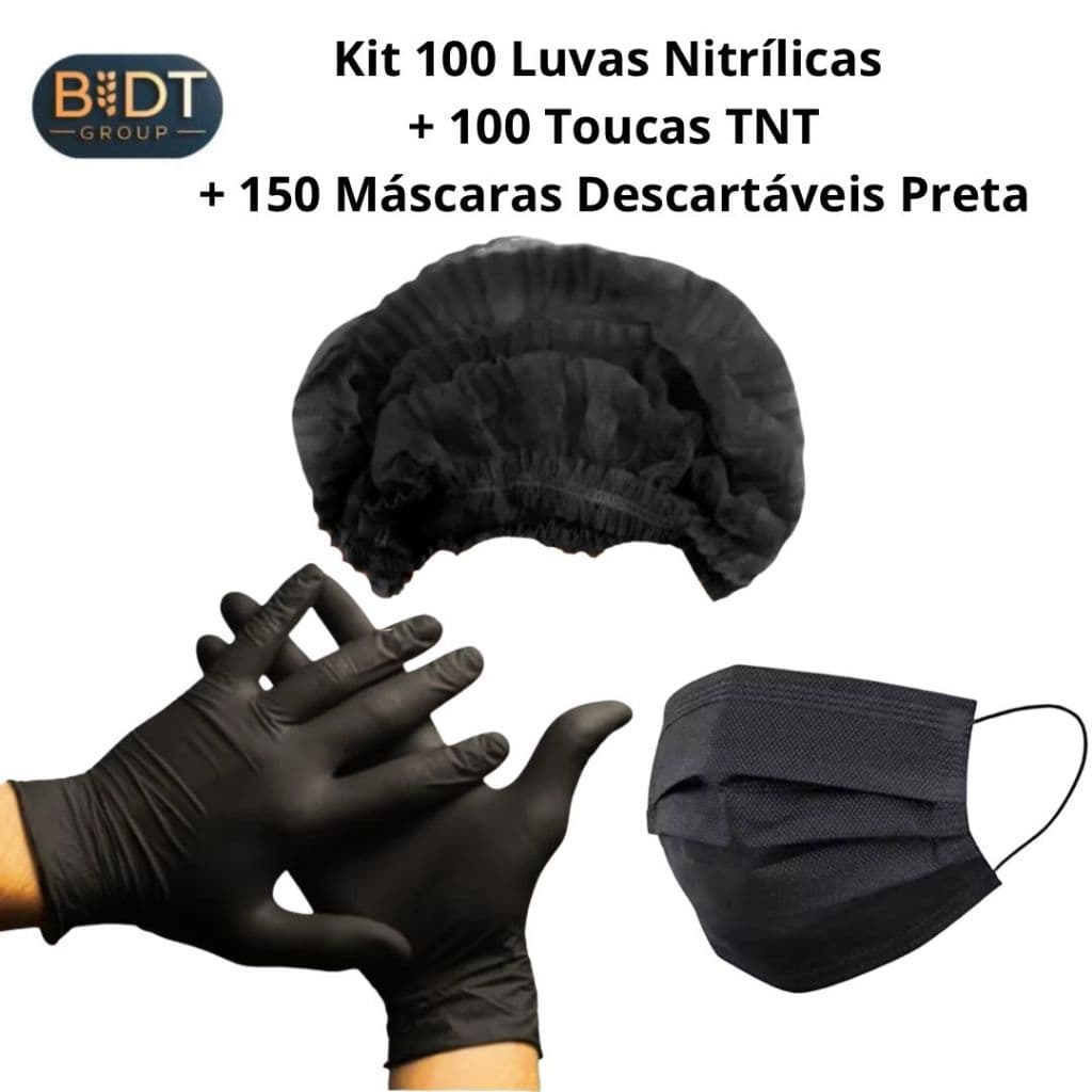Kit 150 Mascaras Descartável Preta + 100 Luvas Nitrilica Preta + 100 Toucas TNT Preta Descartável