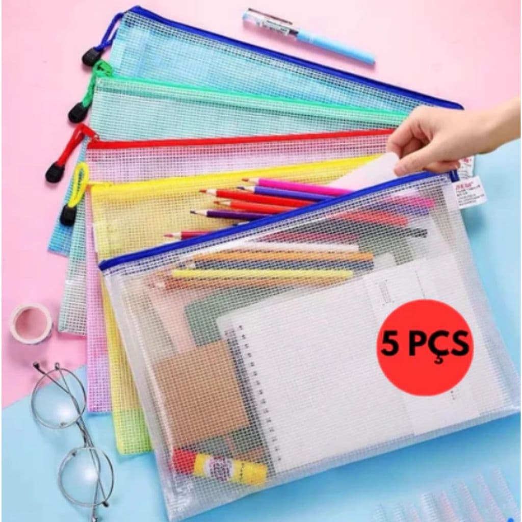 Kit 5 Pasta A4 De Plástico Organizador de Documentos Materiais Bolsinha PVC Multiuso Com Zíper