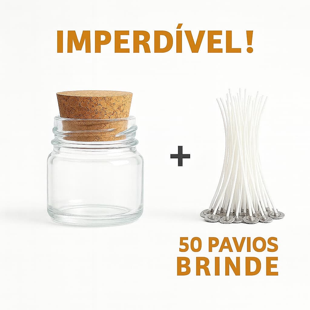 50 Potes P/ Vela C/ Rolha + 50 Pavios P/ Vela 10cm Charmoso