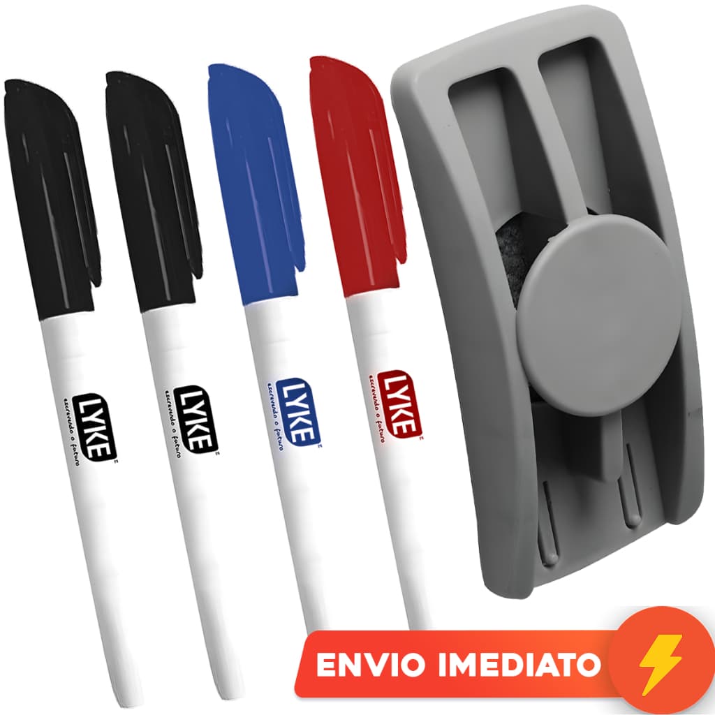 Kit Com 4 Canetas Marcador De Quadro Branco Lousa Branca Caneta + Apagador Com Suporte
