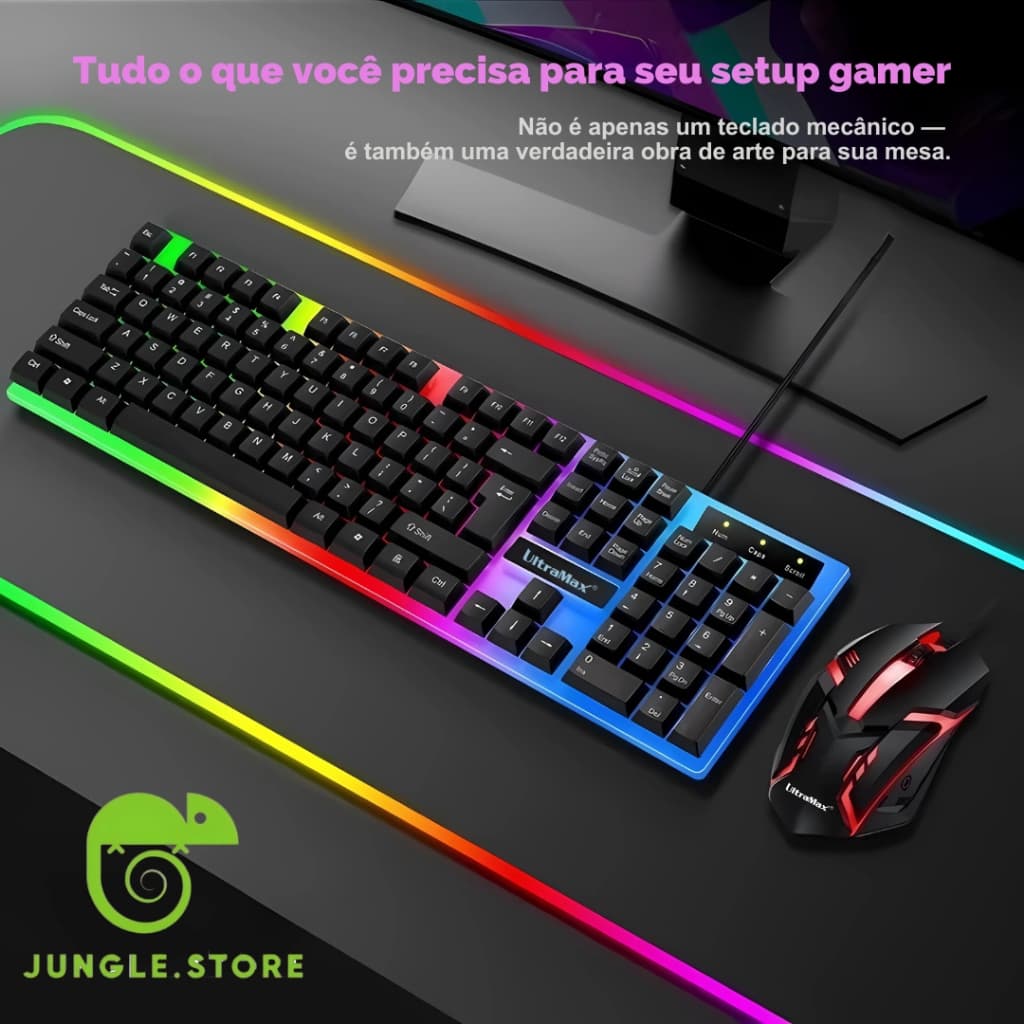 Kit Teclado Semi Mecânico + Mouse Gamer 3200dpi Rgb Led com fio