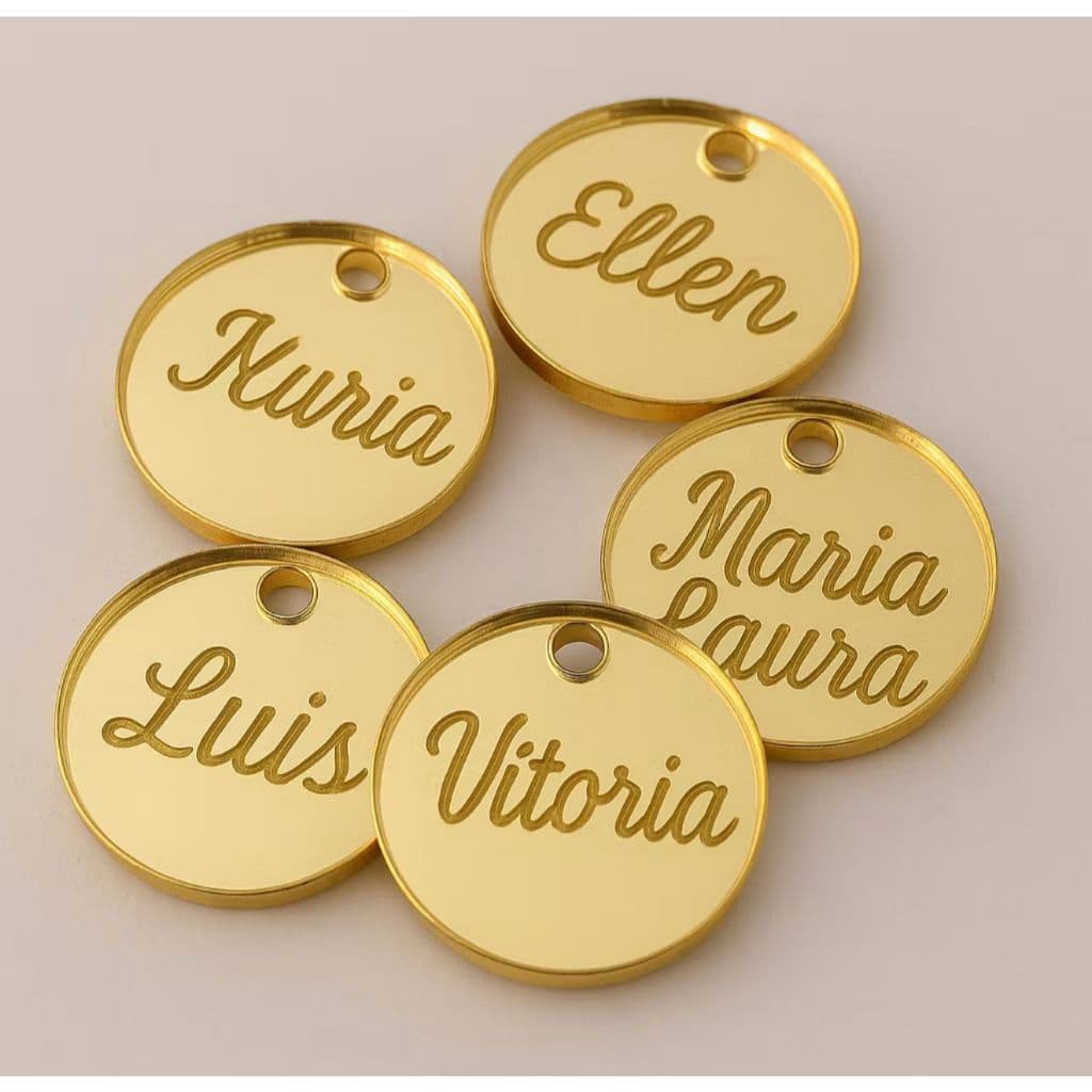 Tag Acrílica Espelhada Personalizada Nome Redondo 2cm Etiquetas Decorativas Aplique PROMOÇÃO