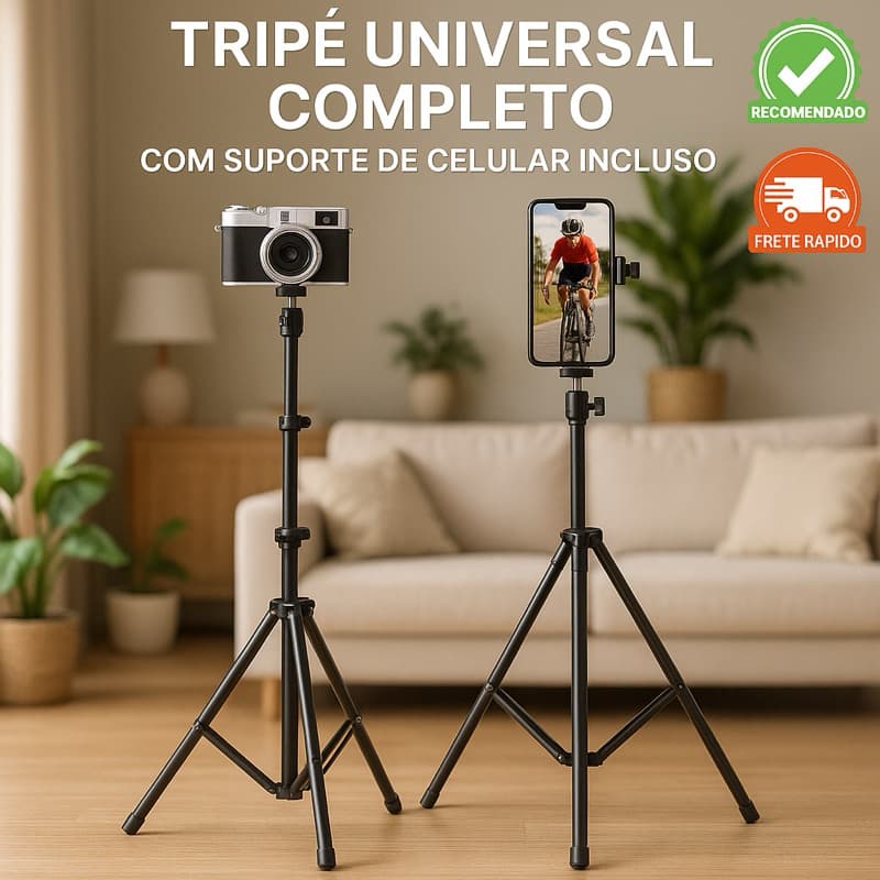 Tripé universal com suporte para celular - comp. Câmera Ring Light Iluminação Profissional 210cm