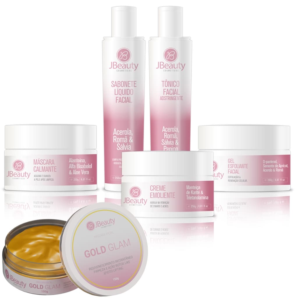 Kit Limpeza de Pele Profissional Jbeauty 5 Itens + Máscara Facial Ouro Gold Glam JBeauty 150g