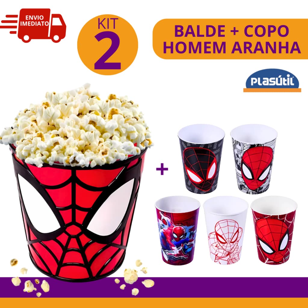 Conjunto Homem Aranha Infantil Balde de Pipoca 3D e Copo 320ml Sortido Kit para Cinema Plasútil