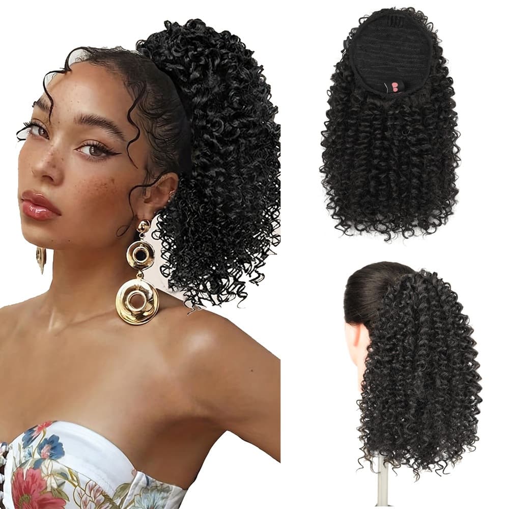 CECILIA Rabo de Cavalo Sintética de Onda Profunda Encaracolada com Cordão 40CM 110G