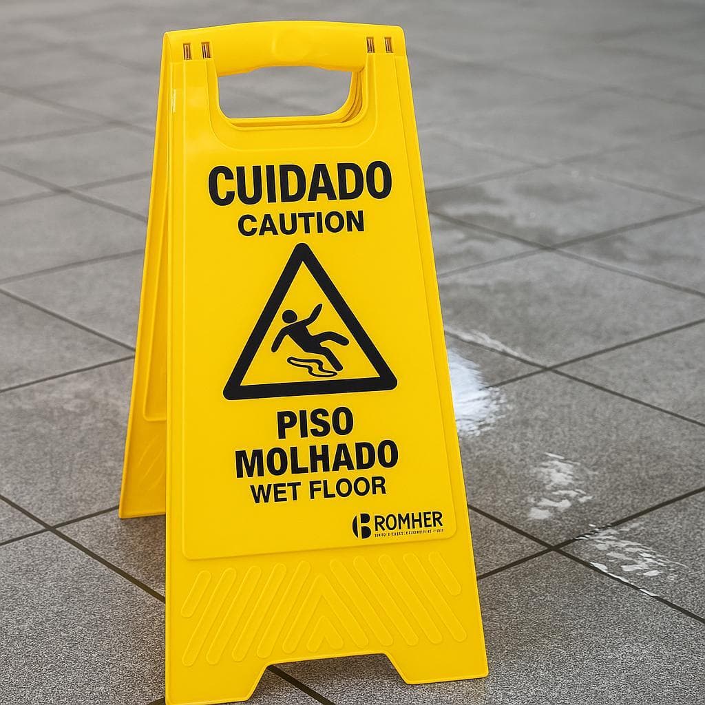 Placas Cavalete Cuidado Piso Molhado em Plástico PP –Dobráveis, Resistentes de Alta Visibilidade .