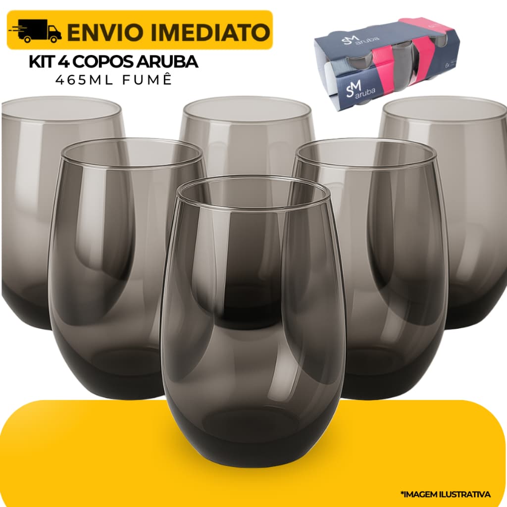 Jogo Copos Aruba Vidro Fumê Multiuso Luxo 465ml Cinza - 4 Copos Nadir