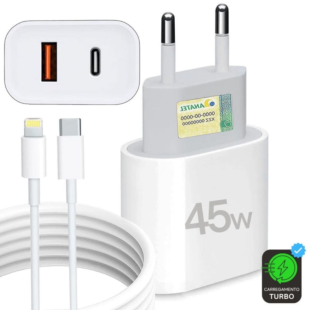 Carregador Iphone Turbo Fonte 45W 2 Entradas USB e USB-C + Cabo Tipo-C-Lightning Rápido Iphone 6 7 8 X XR XS 11 12 13 14