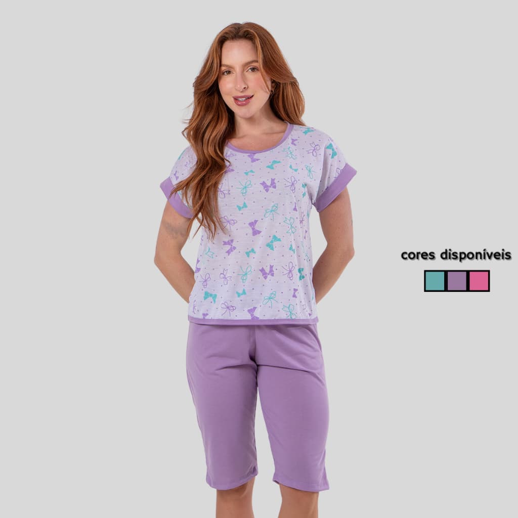 Pijama Feminino Curto Pescador Florido Linha Noite Verão