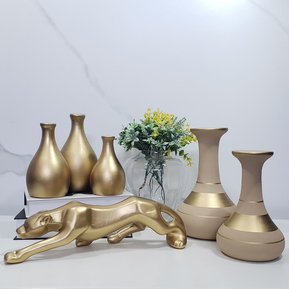 Conjunto 6 Peças Kit Enfeite Cerâmica Vasos Sala Completo Decorativas Trio Rack Centro Mesa Cozinha