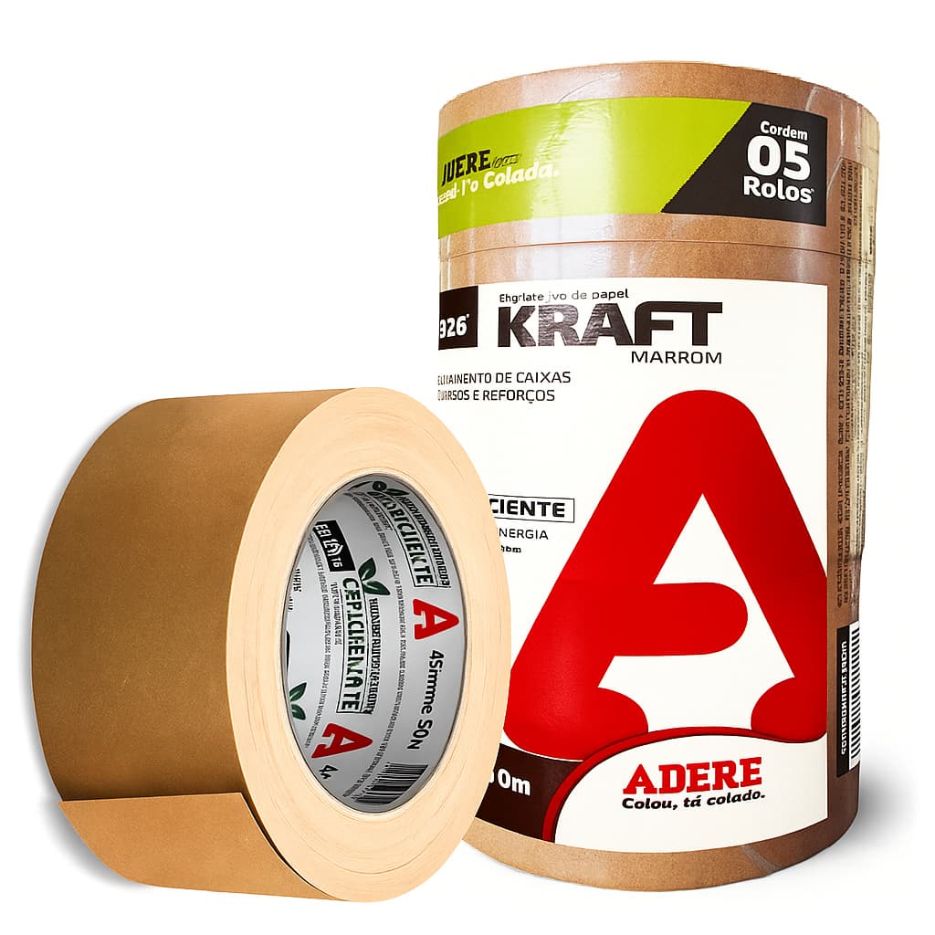 Kit 5 Rolos Fita Papel Kraft Adesiva Grande Larga Crepado Marrom Adere 45mm x 50M