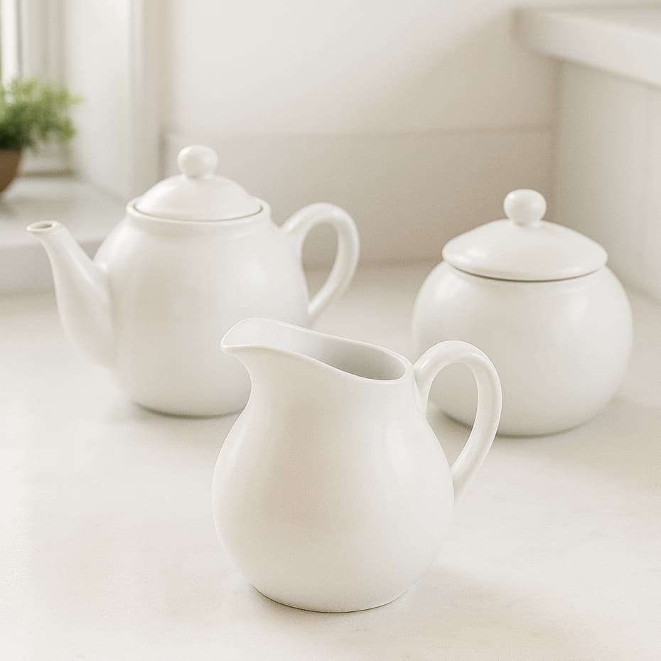 Conjunto Porcelana Branca Bule 500ml + Açucareiro 350ml + Jarra 750ml Kit 3 Peças