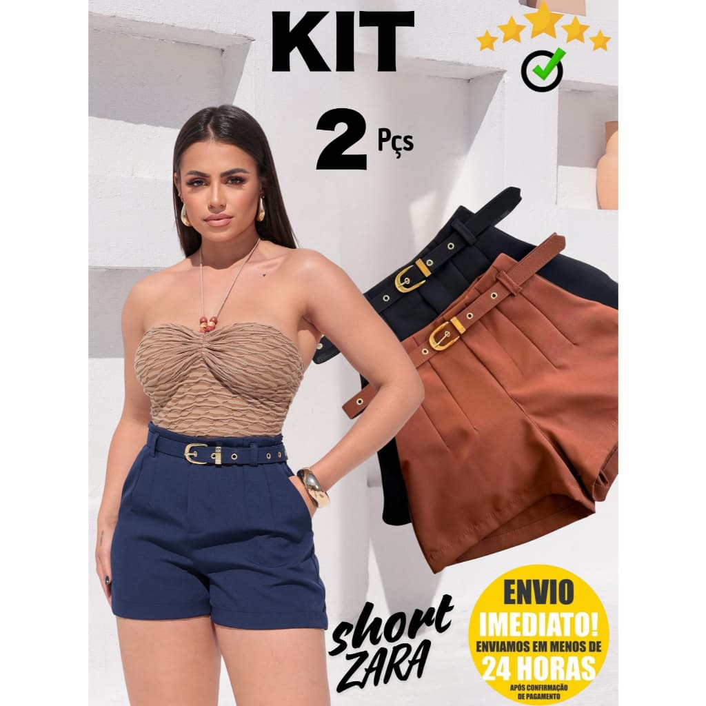 Kit 2 Short Alfaiataria Feminino Com Bolso Com Cinto Forrado Cintura Alta PROMOÇÃO P ao  GG