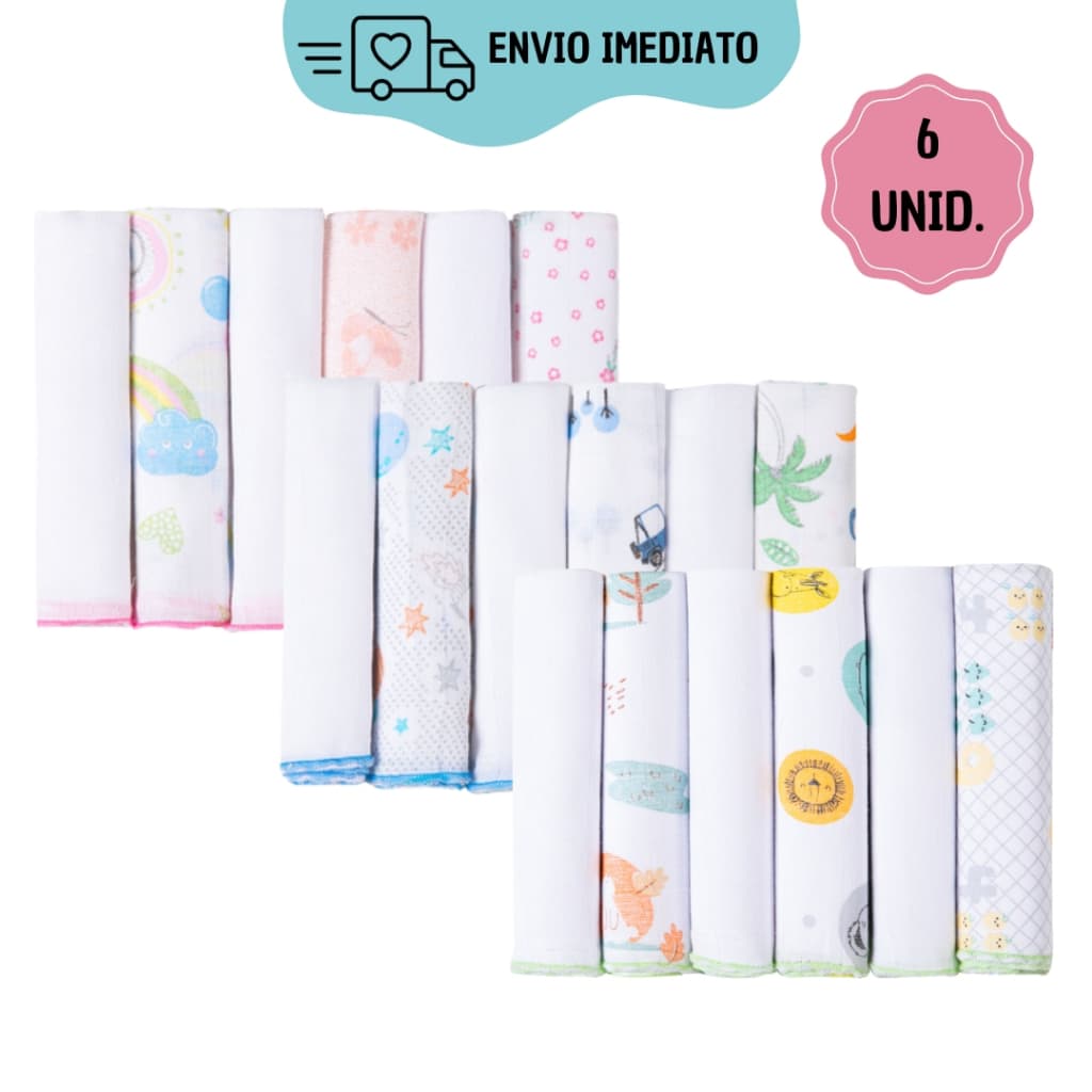 Kit 6 Paninhos de Boca 30cm x 30cm em tecido fralda 100% algodão para bebê Papi Karinho