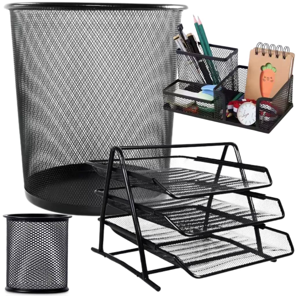 Kit Escritório Organizador Porta Caneta Lixeira Porta Treco Clips 3 Divisórias Bandeja Prateleira
