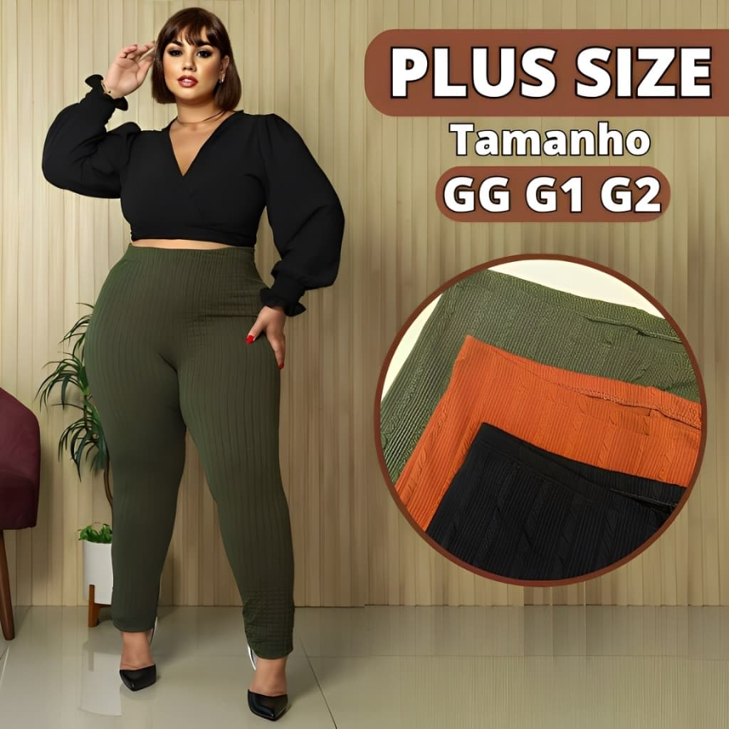 Calça Legging Canelada 3D Plus Size Feminina Cintura Alta Tecido Bubble