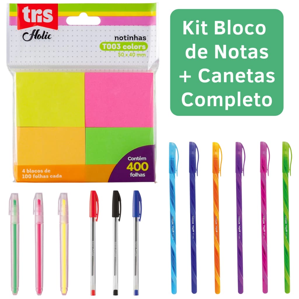 Kit Bloco de Notas Colorido Com Canetas Anotaçoes Adesivo Marca Texto Escolar Fofo Barato Pequeno