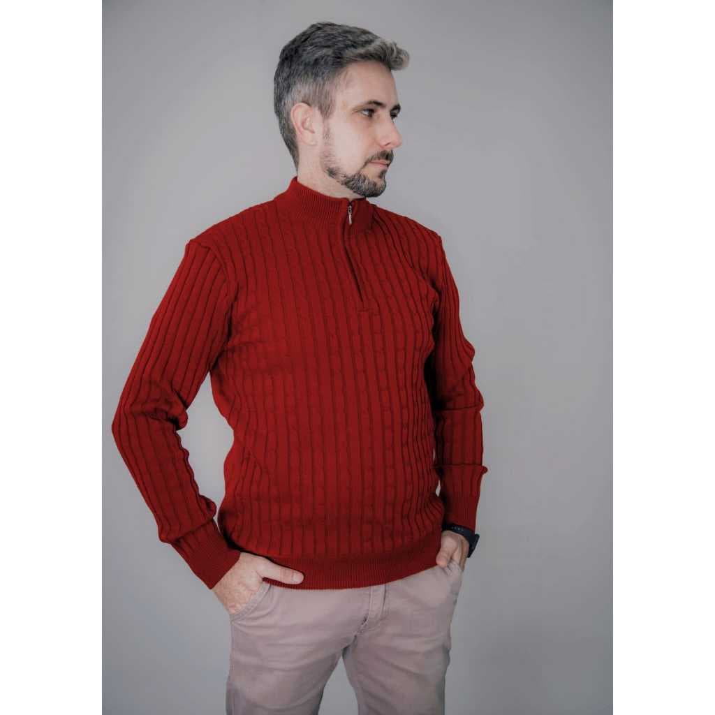 Suéter Masculino Tricô Blusa de Frio Meio Ziper Tricot Detalhes em Trança Manga Longa